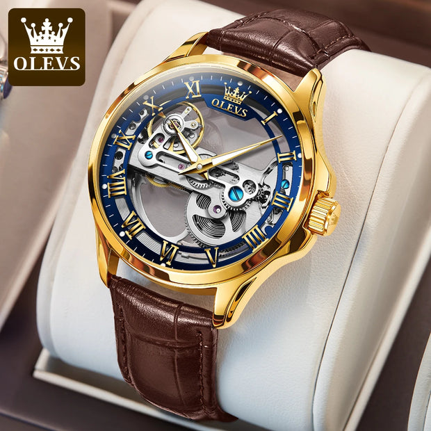 OLEVS 6661 Fully Hollow Automatic Man Watch Fashion Leather Strap Waterproof Luminous Hand Clock Men's Mechanical Wristwatches