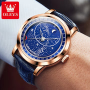 OLEVS Original Men's Automatic Mechanical Watch Fashion Business Leather Strap Luxury Diamond Starry Sky Moon Phase Men's Watch