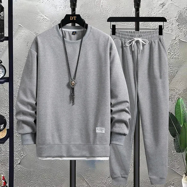 Summer Men's Waffle Sets Casual T-Shirt And Pants Set Male Sports Suit 2 Priece Set Solid Color Tracksuit Loose Suits Size 3XL