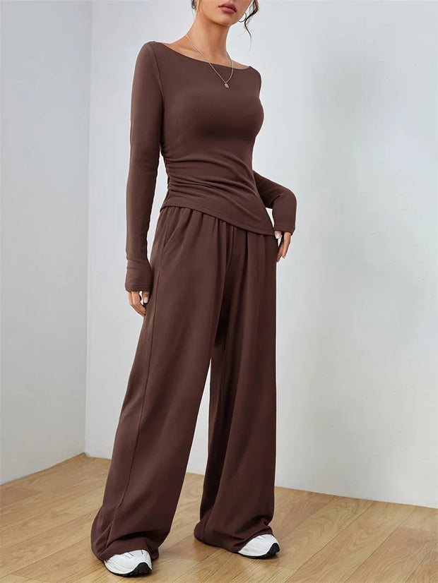 Women's Two-piece Wide Leg Pants Fashion Set Irregular Short Top Women's Clothing Yoga Exercise Set Спортивный Костюм Женский