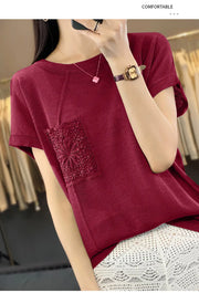 Women's T-shirt Spring/Summer Worsted Cotton Knitwear Casual Solid Color Ladies' Tops Loose Round Neck Blouse Pullover Tees