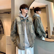 Men's Autumn Winter Denim Jacket, Stretch Comfortable Cotton Blend, Distressed Wash, Hooded Casual Outerwear