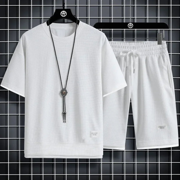 Summer Men's Sports Set  Casual T-Shirt And Shorts Set Male Sports Suit Solid Color Tracksuit Loose Suits Size 3XL