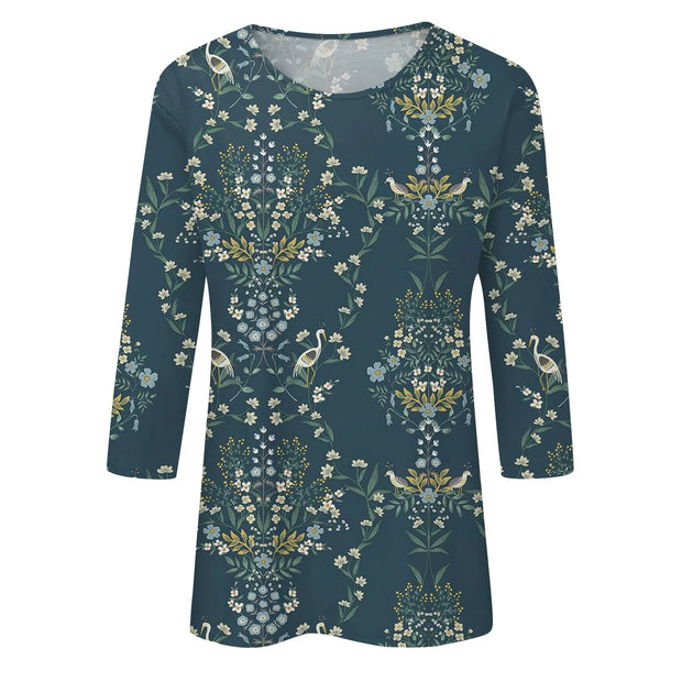 2024 Women Summer Tops Comfortable T Shirt Fashion Flower Print Round Neck 3/4 Sleeve Tops Soft Versatile Pullover Ropa De Mujer