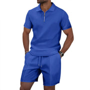 Men's Summer Sports Solid-Color Set, Quarter-Zipper Set, 2-Piece Beach Vacation Set, Men's Fashionable Casual Workwear Set.
