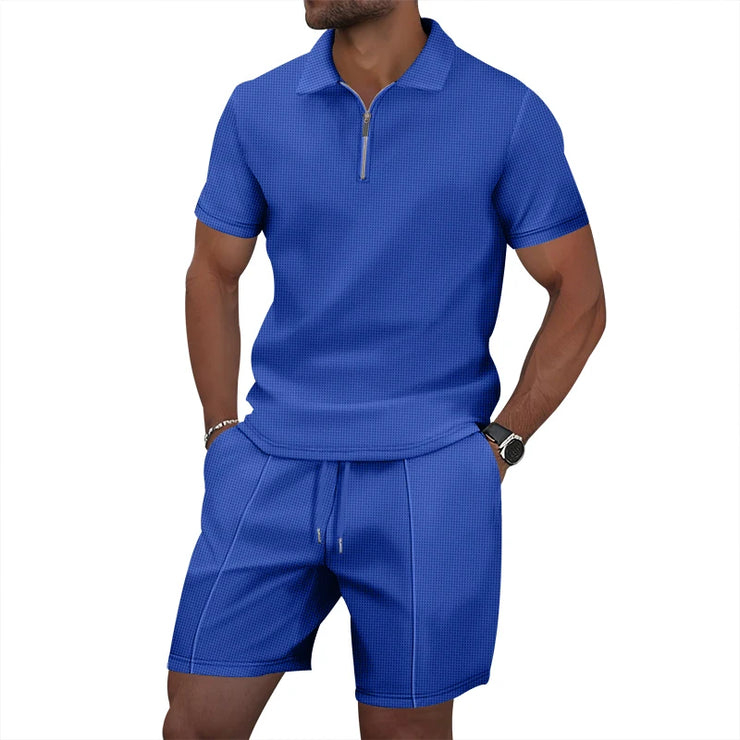 Men's Summer Sports Solid-Color Set, Quarter-Zipper Set, 2-Piece Beach Vacation Set, Men's Fashionable Casual Workwear Set.