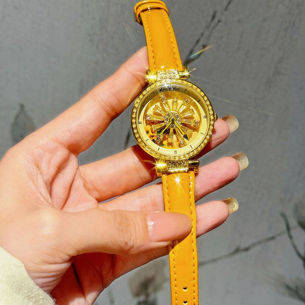 Sunflower Rotation Dial Quartz Women Watch Genuine Leather Strap Antique Watch