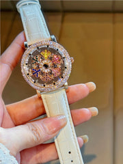 1 Upgraded Version of the Bright Eye-Catching Fashionable Luxury Women's Watch Inlaid with Colorful Rhinestone Quartz Watch, Equipped with Charming Rotating Colorful Snowflake Dial, Stainless Steel Case, Durable Leather Strap