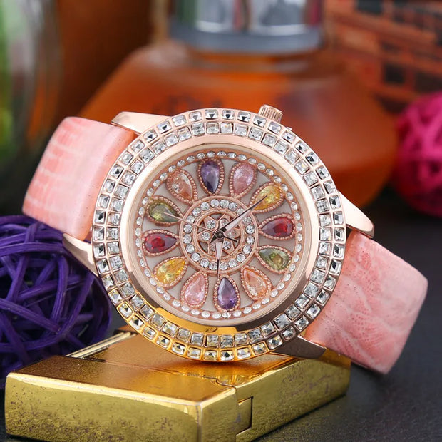Korean Ladies Watch Colorful Rhinestones Dashi Dial Quartz Watch Casual Leather Ladies Clock Gift Relogio Feminino