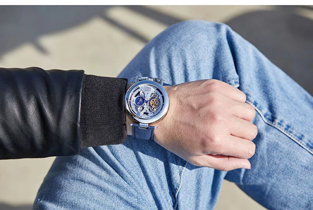 New Fashion Hollow Automatic Mechanical Watches Men Business Casual Leather Skeleton Tourbillon Wrist Watch Relogio Masculino