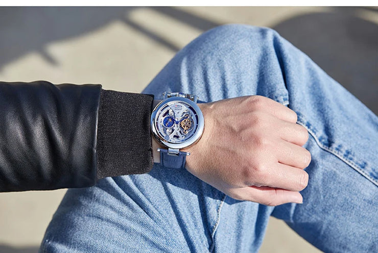 New Fashion Hollow Automatic Mechanical Watches Men Business Casual Leather Skeleton Tourbillon Wrist Watch Relogio Masculino