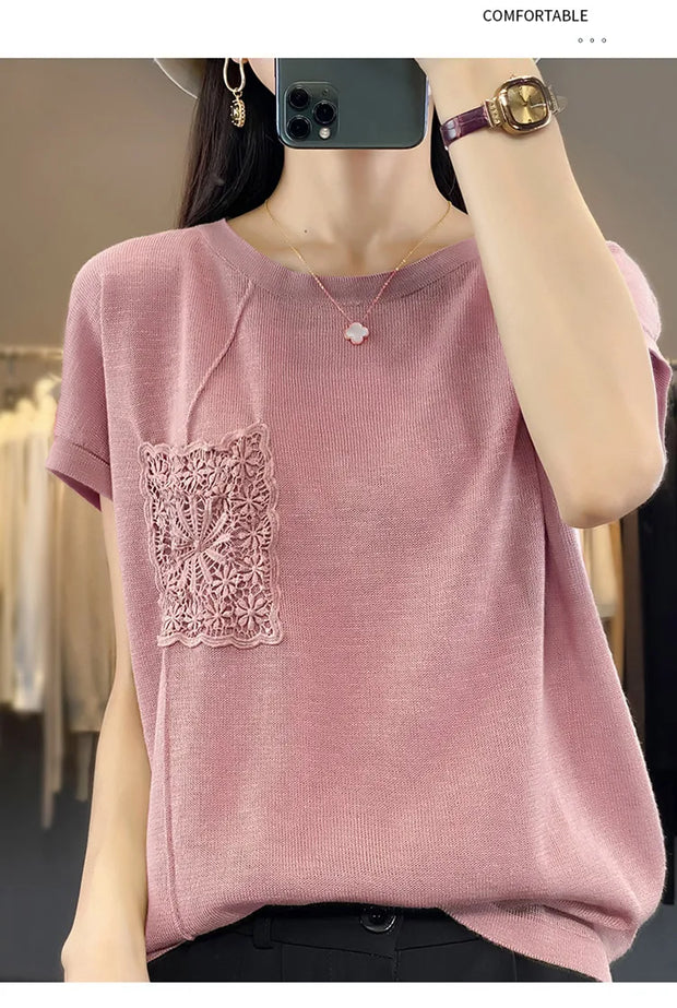 Women's T-shirt Spring/Summer Worsted Cotton Knitwear Casual Solid Color Ladies' Tops Loose Round Neck Blouse Pullover Tees