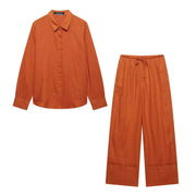 TFMLN 2025 Women Blouse Trouser Sets Office Ladies Elegant Long Sleeve Casual Loose Shirt Wide Leg Pant Suits Simple Outfits