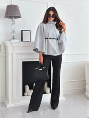 Elegant Solid Cape Fashion Office Lady Button Half Turtleneck Bat Sleeve Belt Coat Autumn Commuting Woolen Women Clothing