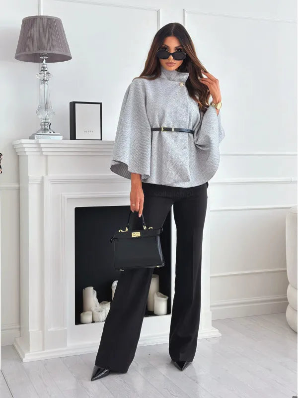 Elegant Solid Cape Fashion Office Lady Button Half Turtleneck Bat Sleeve Belt Coat Autumn Commuting Woolen Women Clothing