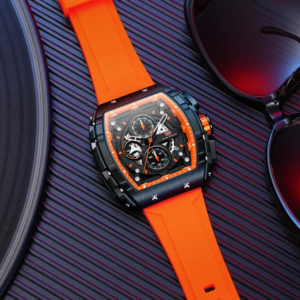 MINI FOCUS Chronograph Quartz Watch for Men Tonneau Dial Military Sport Wristwatch Male with Orange Silicone Strap Auto Date