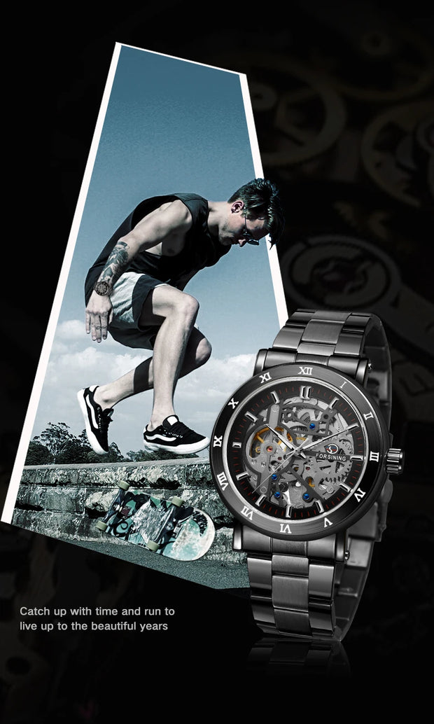 Forsining Official Automatic Mechanical Skeleton Watch Men Stainless Steel Skeleton Luminous Hands Military Business Waterproof