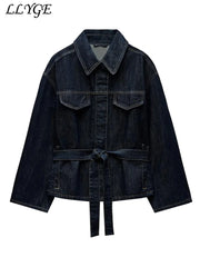 Vintage Belt Denim Jacket Pants Set Women Lapel Single Breasted Jackets Pockets Straight Jeans 2025 Spring Lady Street Outfits