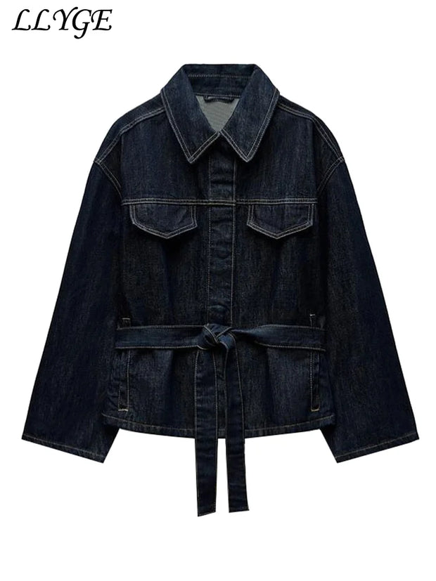 Vintage Belt Denim Jacket Pants Set Women Lapel Single Breasted Jackets Pockets Straight Jeans 2025 Spring Lady Street Outfits