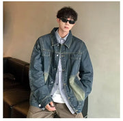Men's Autumn Winter Denim Jacket, Stretch Comfortable Cotton Blend, Distressed Wash, Hooded Casual Outerwear