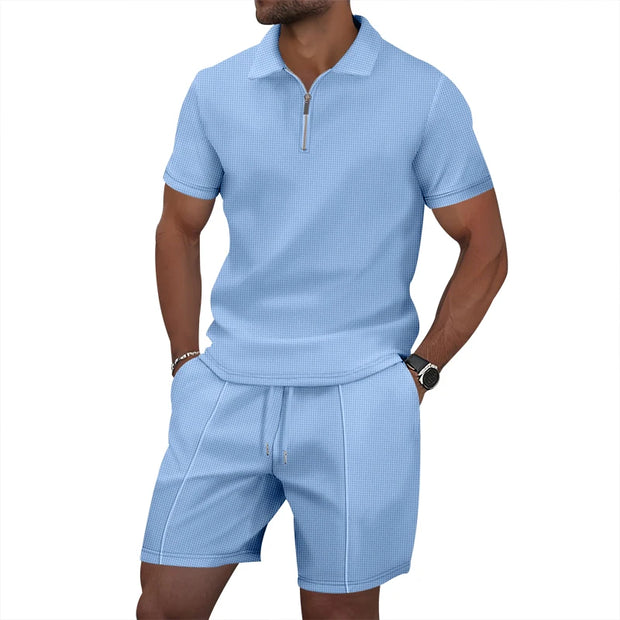 Men's Summer Sports Solid-Color Set, Quarter-Zipper Set, 2-Piece Beach Vacation Set, Men's Fashionable Casual Workwear Set.