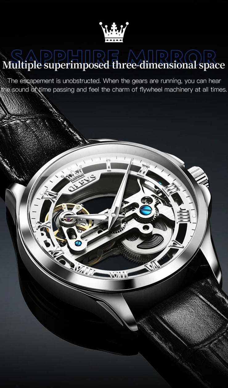 OLEVS 6661 Fully Hollow Automatic Man Watch Fashion Leather Strap Waterproof Luminous Hand Clock Men's Mechanical Wristwatches