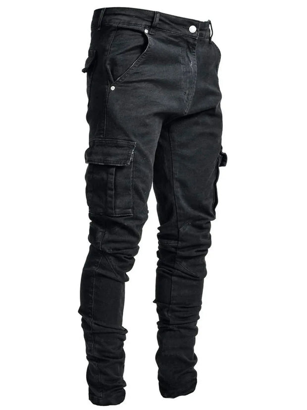 2025 New Men Street Elastic Denim Brand Jeans Narrow Legs Multi Pockets Cargo Pants Casual Slim Fit Daily Wear Joggers Mid Waist