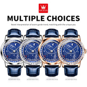 OLEVS Original Men's Automatic Mechanical Watch Fashion Business Leather Strap Luxury Diamond Starry Sky Moon Phase Men's Watch