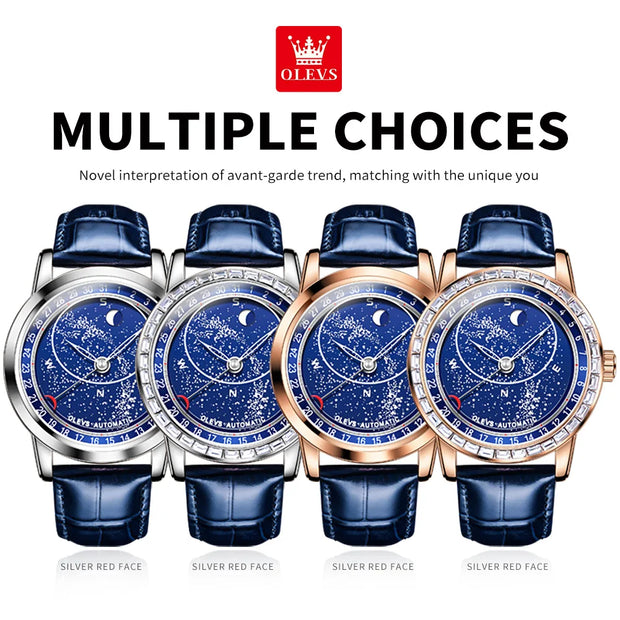 OLEVS Original Men's Automatic Mechanical Watch Fashion Business Leather Strap Luxury Diamond Starry Sky Moon Phase Men's Watch