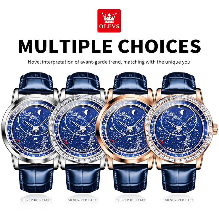 OLEVS Original Men's Automatic Mechanical Watch Fashion Business Leather Strap Luxury Diamond Starry Sky Moon Phase Men's Watch
