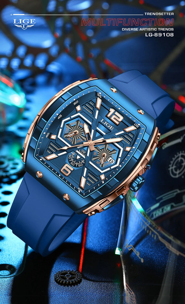 LIGE Mens Watches Top Brand Luxury Square Silicone Watch For Men Fashion Military Quartz Waterproof Chronograph Montre Homme