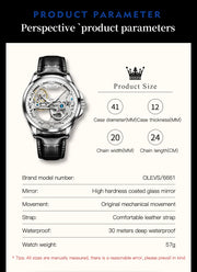 OLEVS 6661 Fully Hollow Automatic Man Watch Fashion Leather Strap Waterproof Luminous Hand Clock Men's Mechanical Wristwatches
