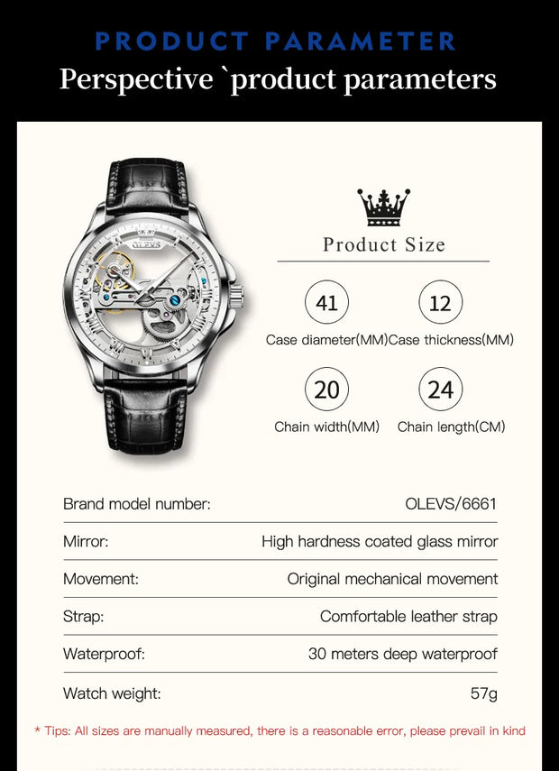 OLEVS 6661 Fully Hollow Automatic Man Watch Fashion Leather Strap Waterproof Luminous Hand Clock Men's Mechanical Wristwatches