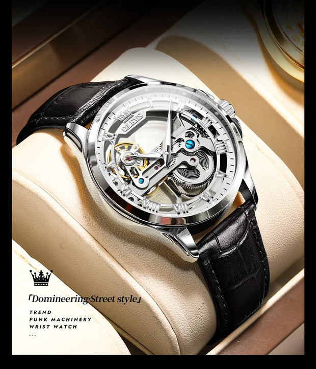 OLEVS 6661 Fully Hollow Automatic Man Watch Fashion Leather Strap Waterproof Luminous Hand Clock Men's Mechanical Wristwatches