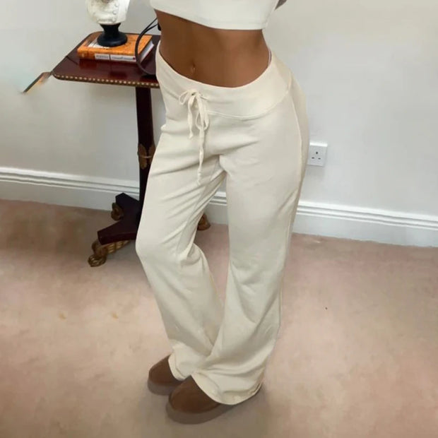 Cuteandpsycho Casual Solid Basic Pants Y2K Chic Floor Length Bottoms Vintage Aesthetic Mid Waist Drawstring Straight Trousers
