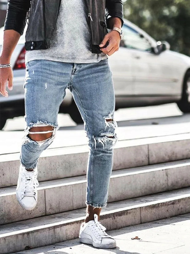 Denim Distressed Mens Pants Autumn Slim Fit and Slimming New Elastic Pants Mens Small Leg Pants