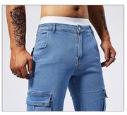 2025 New Men Street Elastic Denim Jeans Multi Pockets Cargo Pants Casual Slim Denim Trousers Fashion Y2k Joggers Baggy Man Pants