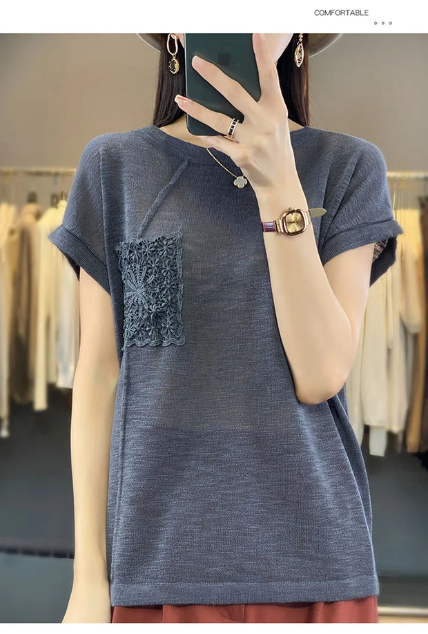 Women's T-shirt Spring/Summer Worsted Cotton Knitwear Casual Solid Color Ladies' Tops Loose Round Neck Blouse Pullover Tees