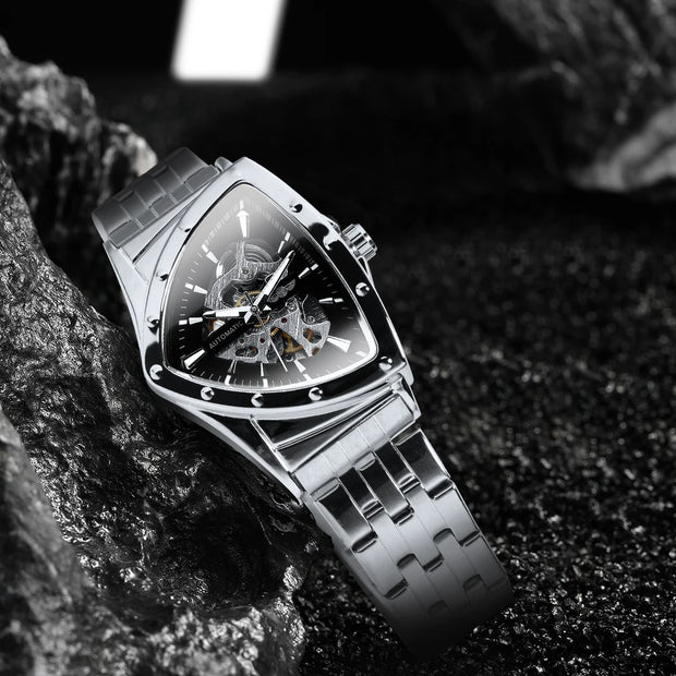 WINNER Military Triangle Skeleton Automatic Watch for Men Gold Sports Mechanical Watches Luxury Stainless Steel Strap Luminous