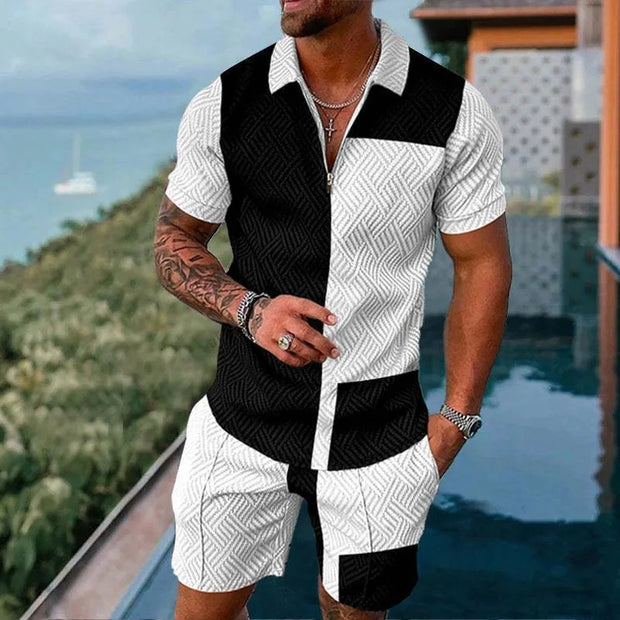 Men's Summer suit  Polo Tracksuit Set  Men Short Sleeve Zipper Polo t-Shirt and Shorts Set  2 Piece Suit  for boy with shorts