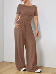 Women's Two-piece Wide Leg Pants Fashion Set Irregular Short Top Women's Clothing Yoga Exercise Set Спортивный Костюм Женский