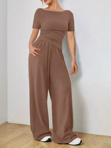 Women's Two-piece Wide Leg Pants Fashion Set Irregular Short Top Women's Clothing Yoga Exercise Set Спортивный Костюм Женский