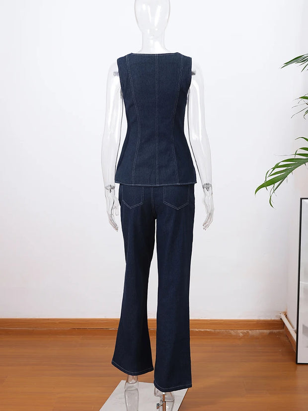 Vintage Women's Denim Sleeveless Set Crop Top With Chic Buttons Matching High Waist Slim Fit Jeans Casual Streetwear Outfits