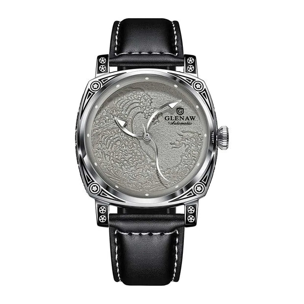 GLENAW  Mechanical Wristwatch Watches Men Surfing Sailboat Pointer Luminous Transparent Skeleton Mechanical Leather Male Clock