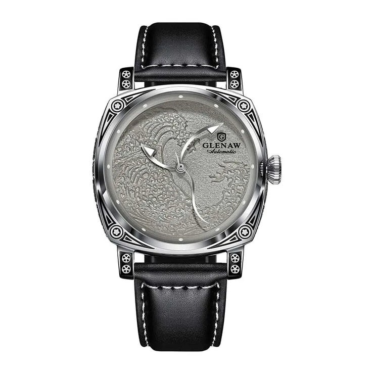 GLENAW  Mechanical Wristwatch Watches Men Surfing Sailboat Pointer Luminous Transparent Skeleton Mechanical Leather Male Clock
