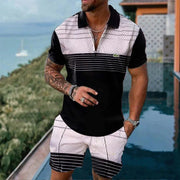 Men's Summer suit  Polo Tracksuit Set  Men Short Sleeve Zipper Polo t-Shirt and Shorts Set  2 Piece Suit  for boy with shorts