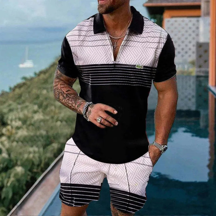 Men's Summer suit  Polo Tracksuit Set  Men Short Sleeve Zipper Polo t-Shirt and Shorts Set  2 Piece Suit  for boy with shorts
