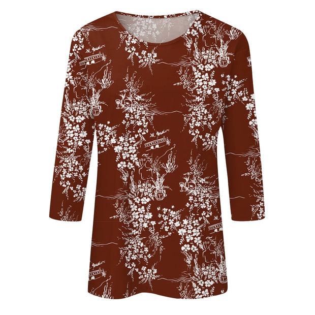 2024 Women Summer Tops Comfortable T Shirt Fashion Flower Print Round Neck 3/4 Sleeve Tops Soft Versatile Pullover Ropa De Mujer