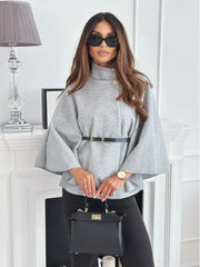 Elegant Solid Cape Fashion Office Lady Button Half Turtleneck Bat Sleeve Belt Coat Autumn Commuting Woolen Women Clothing