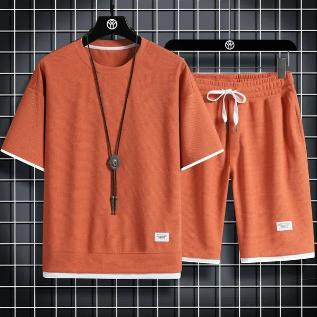 Summer Men's Sports Set  Casual T-Shirt And Shorts Set Male Sports Suit Solid Color Tracksuit Loose Suits Size 3XL